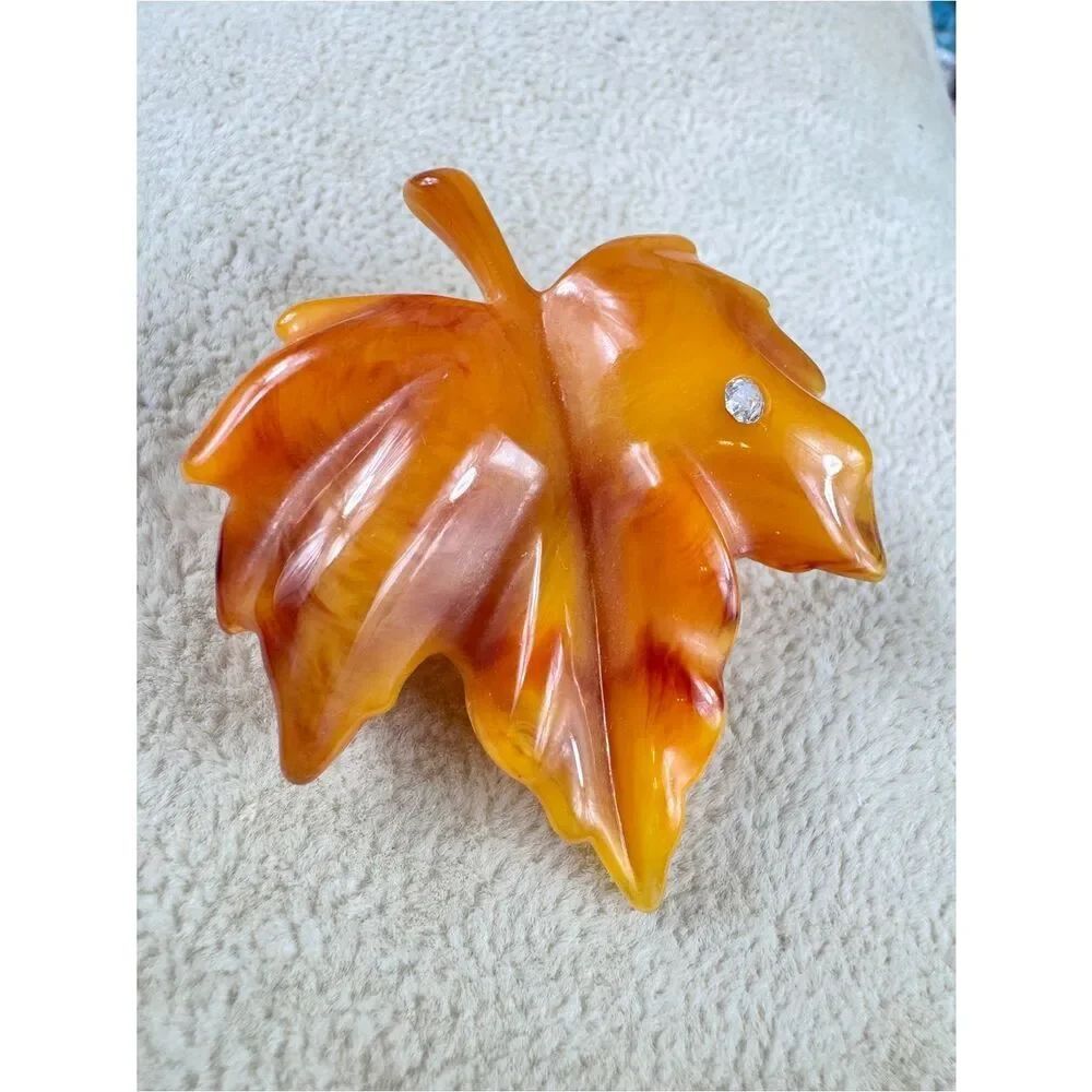 Avon 60’s Amber Lucite Leaf Sculpture with Faceted Detail